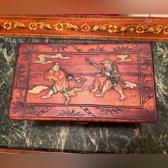 Hand Carved Asian Inspired Wooden Keepsake Chest - Picture 2 of 11